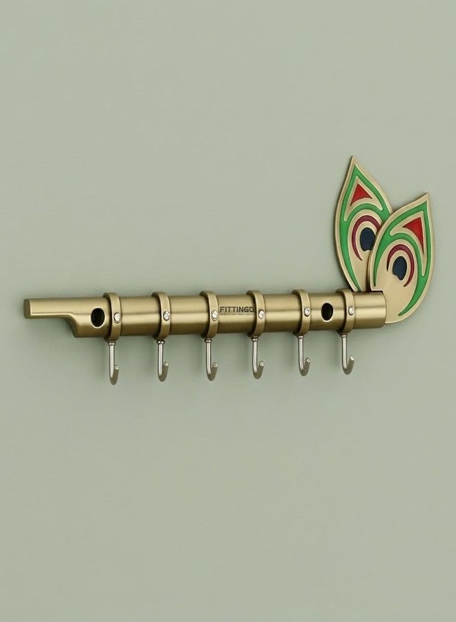 FITTINGO Big Brass Antique Krishna Flute for Key Holder/Key Stand/Keys Hanger Hook/Key Holders for Wall Stylish/Keys Rack Hook/Key Hanging Hooks - Home Decor, Wall Mount - 6 Hooks - (Brass Antique) - Image 1