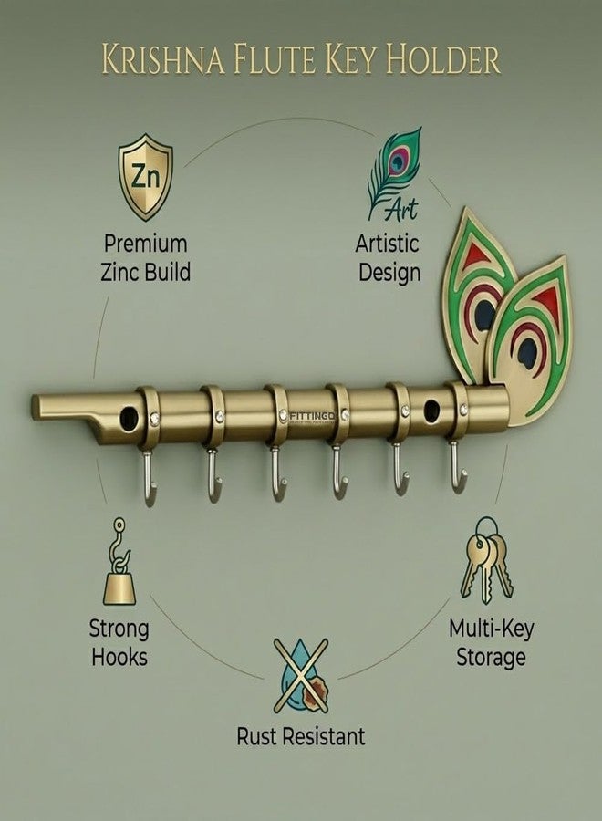 FITTINGO Big Brass Antique Krishna Flute for Key Holder/Key Stand/Keys Hanger Hook/Key Holders for Wall Stylish/Keys Rack Hook/Key Hanging Hooks - Home Decor, Wall Mount - 6 Hooks - (Brass Antique) - Image 3