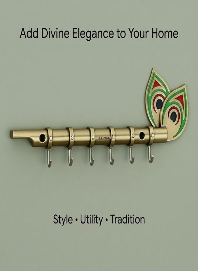 FITTINGO Big Brass Antique Krishna Flute for Key Holder/Key Stand/Keys Hanger Hook/Key Holders for Wall Stylish/Keys Rack Hook/Key Hanging Hooks - Home Decor, Wall Mount - 6 Hooks - (Brass Antique) - Image 5