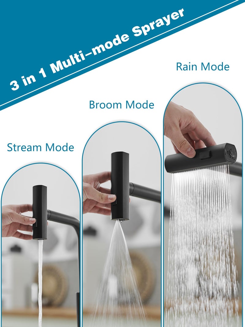 JOOM Black Kitchen Faucets with Pull Down Sprayer,Waterfall Kitchen Sink Faucet,Commercial Utility Stainless Steel Kitchen Faucets,Single Handle Kitchen Sink Faucet with Pull Down Sprayer for 3 Function - Image 2