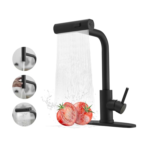 JOOM Black Kitchen Faucets with Pull Down Sprayer,Waterfall Kitchen Sink Faucet,Commercial Utility Stainless Steel Kitchen Faucets,Single Handle Kitchen Sink Faucet with Pull Down Sprayer for 3 Function - Image 1