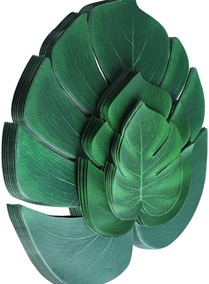 دوبكارت 100 قطعة من أوراق النخيل الاصطناعية ، أوراق نبات استوائية ، أوراق سفاري ، Monstera ، ورقة خضراء كبيرة وهمية من أجل هاواي لواو تيكي ألوها جانغل بيتش ، لوازم تزيين حفلات الشواء (3 أحجام) - Image 1