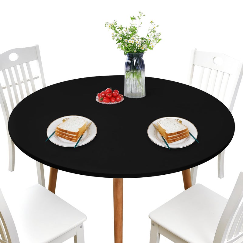 NEWISHER NEWISHER Round Fitted Table Cover Spandex Stretch Tablecloth Black Table Top Cover with Elastic Edged for Dining Picnic Patio 60 inch 