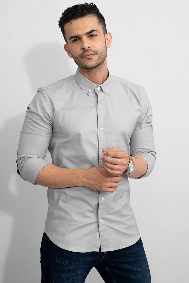 SNITCH Light Grey Solid Long Sleeve Slim Fit Casual Shirt
