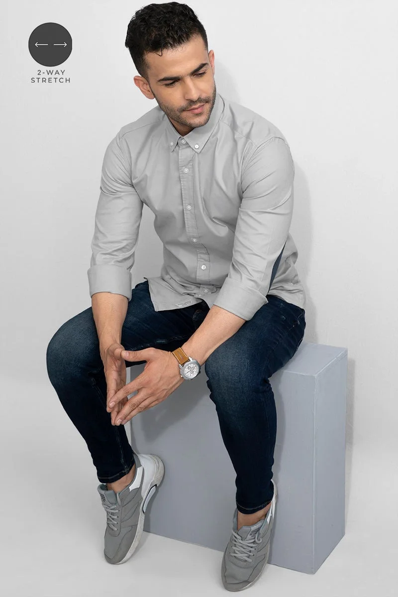 SNITCH Light Grey Solid Long Sleeve Slim Fit Casual Shirt