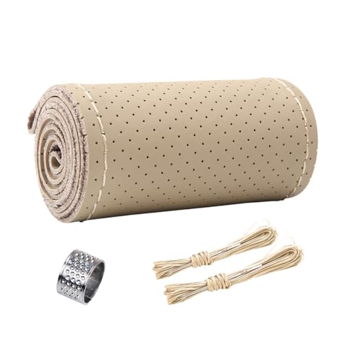 ZIMISI Genuine Leather Steering Wheel Cover AntiSlip Breathable Car Steering Wheel Stitching Wrap DIY Sewing with Needle Thread 15 Inch Stitch on Wrap Car Steering Wheel Cover Beige Hole - Image 1