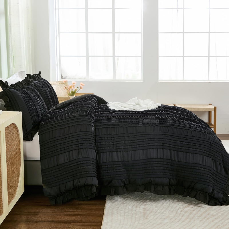 Wongs Bedding Black Comforter Set King 3 Pieces Ruffle Farmhouse Shabby Chic Boho Comforter For King Bed Soft Textured Bedding Set With 1 Ruffle Comforter 2 Tufted Pillowcases 104""?90"" - Image 3