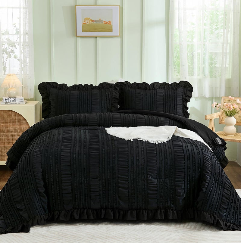 Wongs Bedding Black Comforter Set King 3 Pieces Ruffle Farmhouse Shabby Chic Boho Comforter For King Bed Soft Textured Bedding Set With 1 Ruffle Comforter 2 Tufted Pillowcases 104""?90"" - Image 4