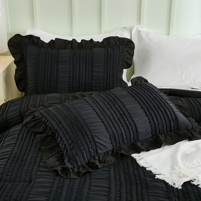 Wongs Bedding Black Comforter Set King 3 Pieces Ruffle Farmhouse Shabby Chic Boho Comforter For King Bed Soft Textured Bedding Set With 1 Ruffle Comforter 2 Tufted Pillowcases 104""?90"" - Image 5