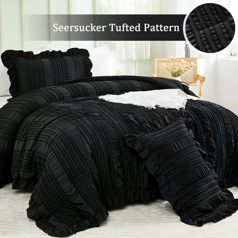 Wongs Bedding Black Comforter Set King 3 Pieces Ruffle Farmhouse Shabby Chic Boho Comforter For King Bed Soft Textured Bedding Set With 1 Ruffle Comforter 2 Tufted Pillowcases 104""?90"" - Image 2