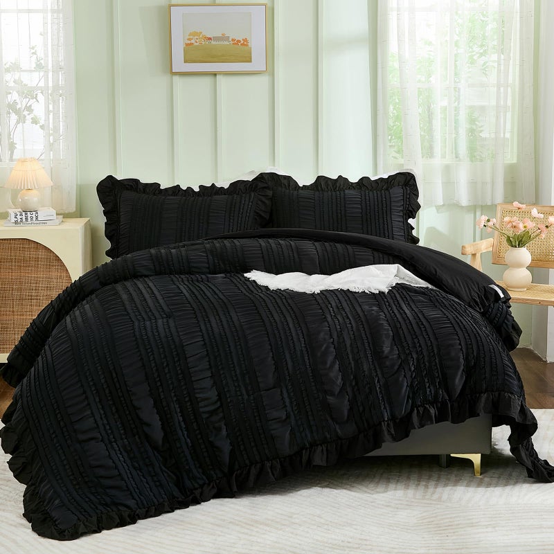 Wongs Bedding Black Comforter Set King 3 Pieces Ruffle Farmhouse Shabby Chic Boho Comforter For King Bed Soft Textured Bedding Set With 1 Ruffle Comforter 2 Tufted Pillowcases 104""?90"" - Image 1