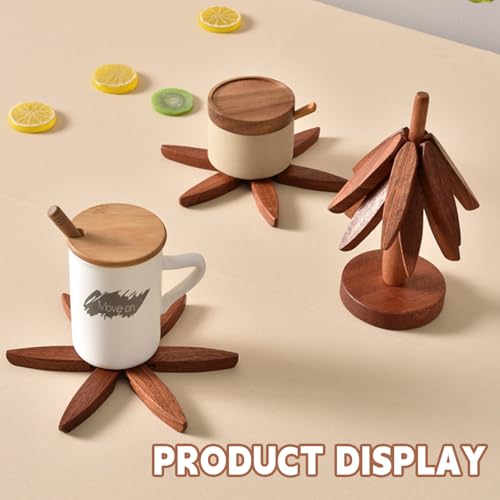 QIYLQE Natural Foldable Black Walnut Wooden Trivet Set - 4 Trivets + 1 Stand for Hot Dishes, Pot, Bowl, Teapot, Hot Pot Holders(Black Walnut) - Image 4