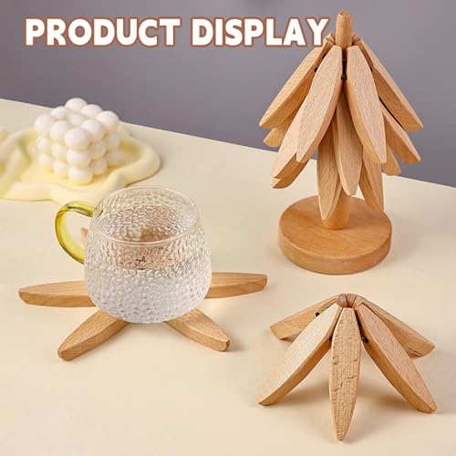 QIYLQE Natural Foldable Black Walnut Wooden Trivet Set - 4 Trivets + 1 Stand for Hot Dishes, Pot, Bowl, Teapot, Hot Pot Holders(Black Walnut) - Image 3