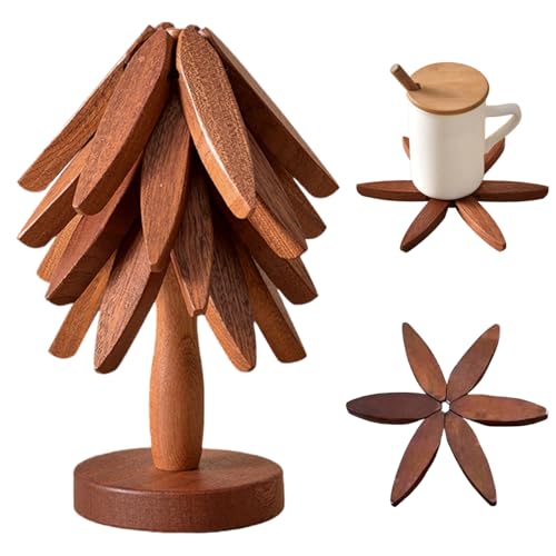 QIYLQE Natural Foldable Black Walnut Wooden Trivet Set - 4 Trivets + 1 Stand for Hot Dishes, Pot, Bowl, Teapot, Hot Pot Holders(Black Walnut) - Image 1