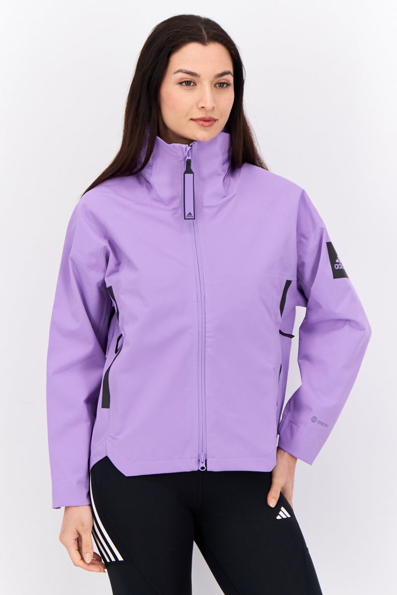 Adidas جاكيت رياضي نسائي بأكمام طويلة وقبعة، خارجي، بنفسجي - Image 1