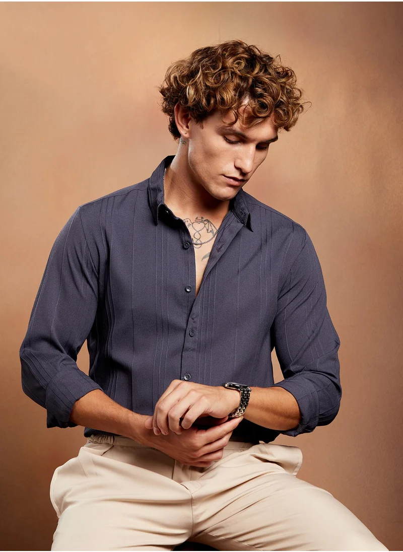 Campus Sutra Campus Sutra Men's Aegean Blue Multitrack-Tactile Shirt For Casual Wear | Spread Collar | Long Cuffed Sleeves | Button Closure | Shirt Crafted With Comfort Fit For Everyday Wear