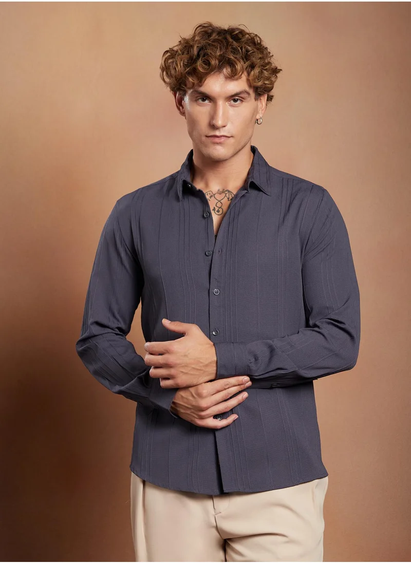 Campus Sutra Campus Sutra Men's Aegean Blue Multitrack-Tactile Shirt For Casual Wear | Spread Collar | Long Cuffed Sleeves | Button Closure | Shirt Crafted With Comfort Fit For Everyday Wear