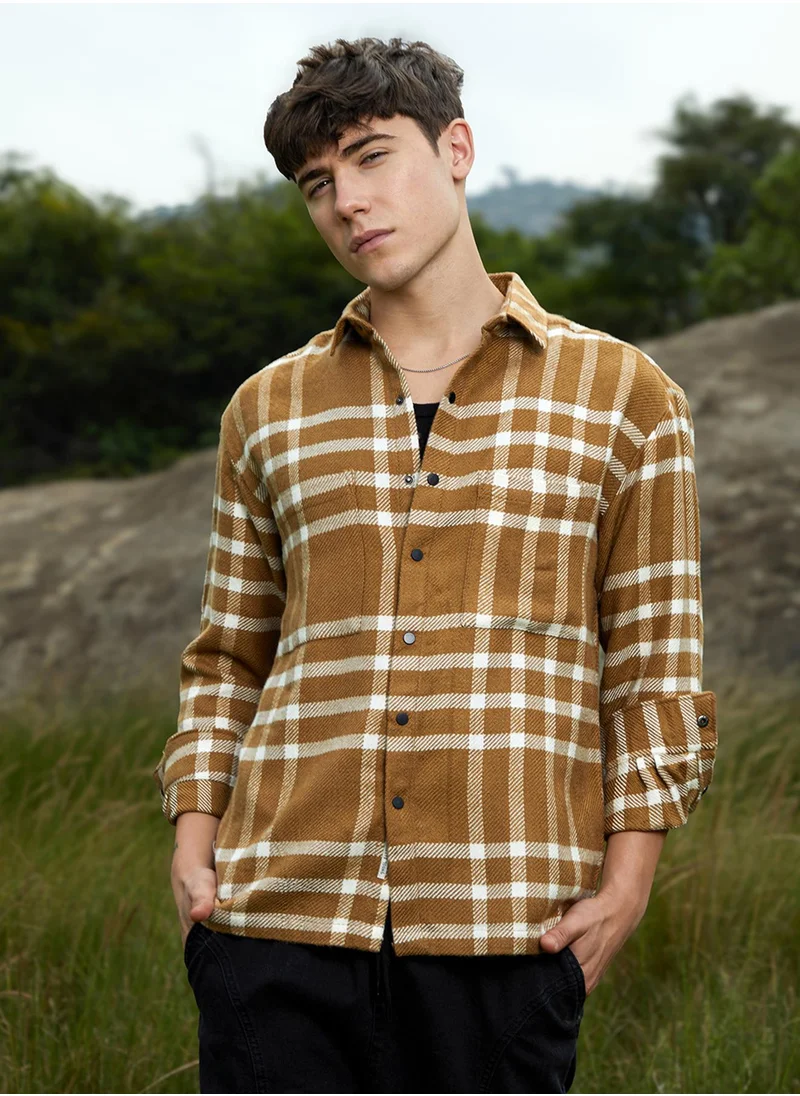 Campus Sutra Men's Ash Brown Checkered Utility Overshirt