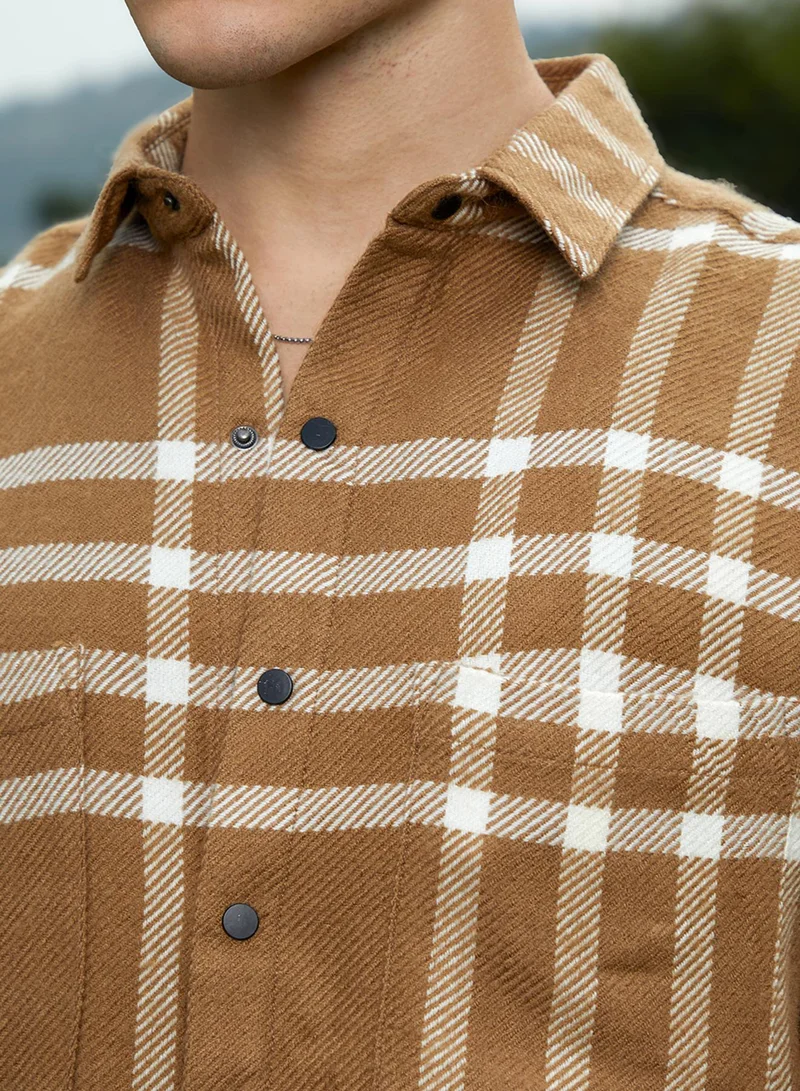 Campus Sutra Men's Ash Brown Checkered Utility Overshirt