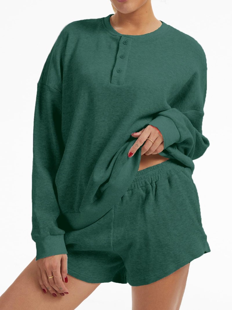 AnotherChill Women's Oversized Waffle Knit Lounge Set Long Sleeve Sweatshirt and High Waisted Shorts 2 Piece Casual Outfit (Pine-Green, Large) - Image 2