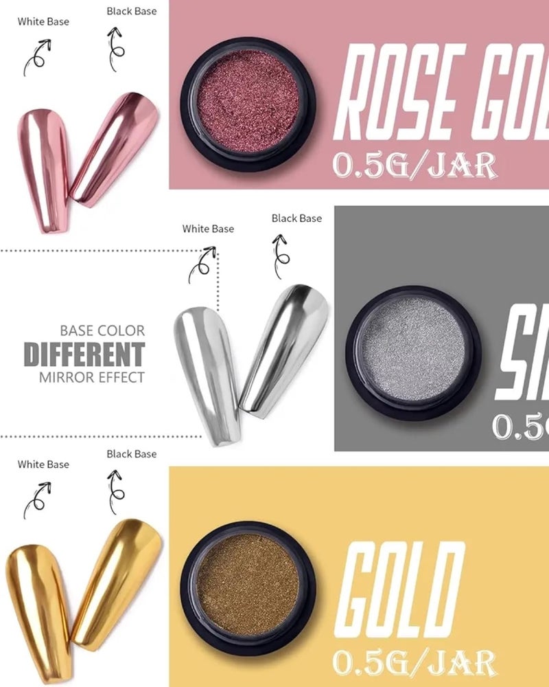 FEELHIGH Mirror Effect Chrome Powder Silver Rose Gold 3 ColorsSet Metallic Nail Pigment Foil Charms Flakes Sparkle Glitter Shimmer Dust Professional Designer on Nail Art Decoration - Image 3