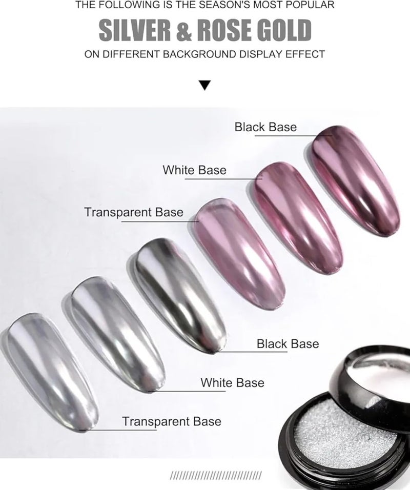 FEELHIGH Mirror Effect Chrome Powder Silver Rose Gold 3 ColorsSet Metallic Nail Pigment Foil Charms Flakes Sparkle Glitter Shimmer Dust Professional Designer on Nail Art Decoration - Image 2