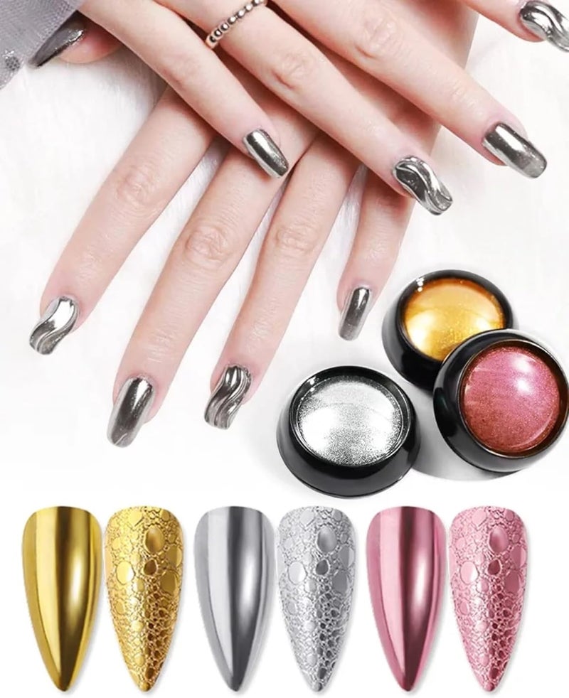 FEELHIGH Mirror Effect Chrome Powder Silver Rose Gold 3 ColorsSet Metallic Nail Pigment Foil Charms Flakes Sparkle Glitter Shimmer Dust Professional Designer on Nail Art Decoration - Image 1