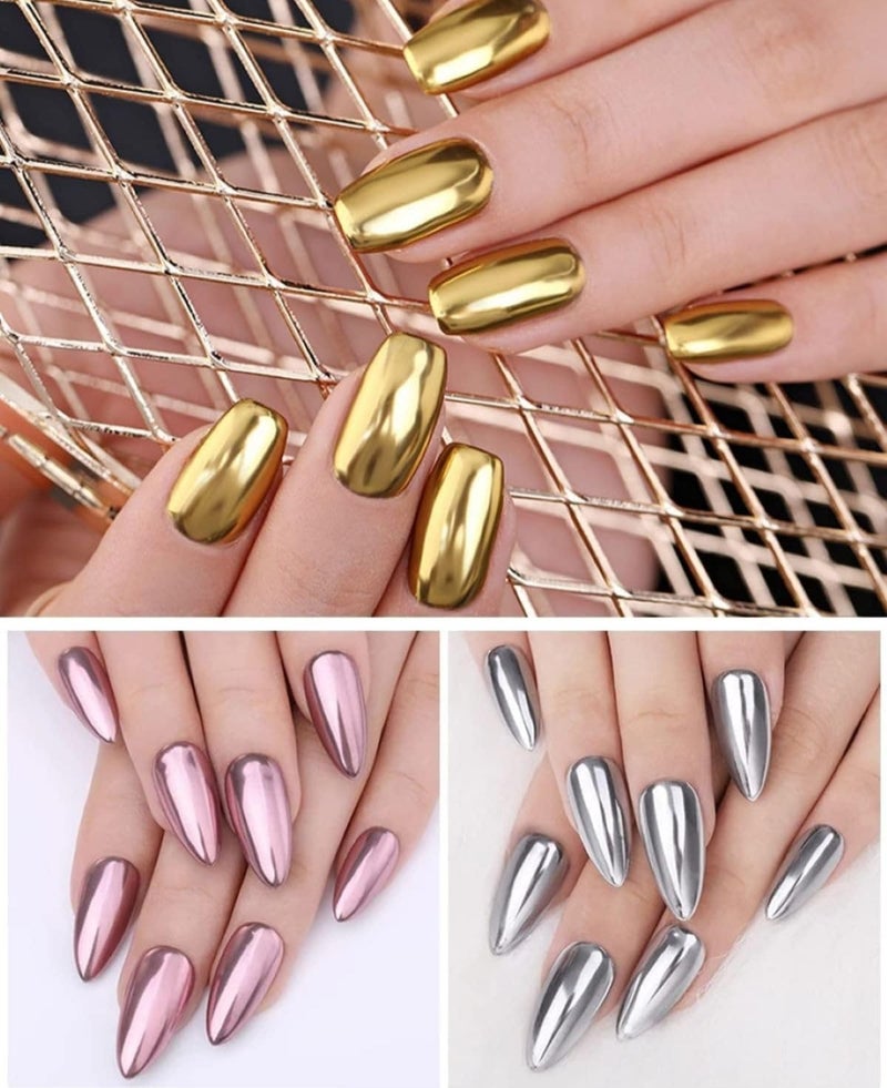 FEELHIGH Mirror Effect Chrome Powder Silver Rose Gold 3 ColorsSet Metallic Nail Pigment Foil Charms Flakes Sparkle Glitter Shimmer Dust Professional Designer on Nail Art Decoration - Image 4