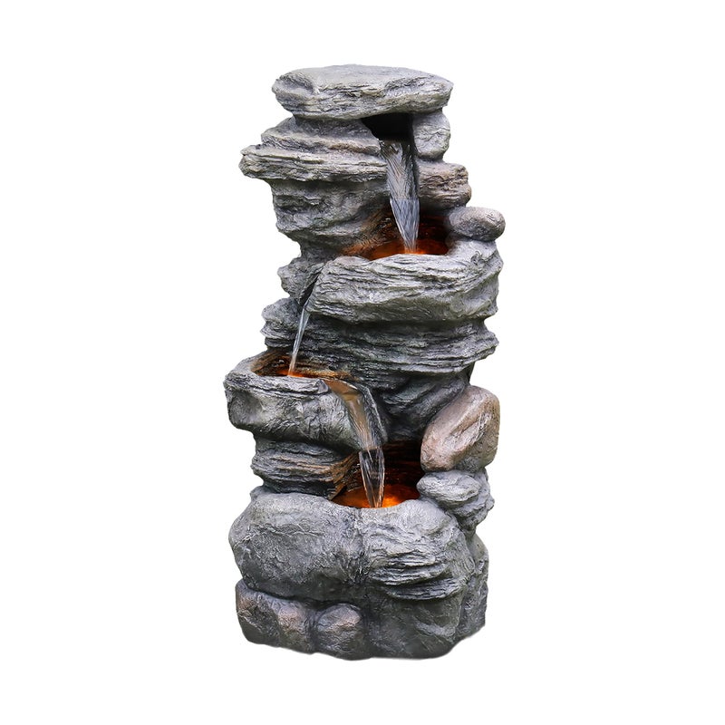 Teamson Home 3937 in Outdoor Faux Stacked Stone 4Tier Water Fountain with LED Lights and Pump Gray
