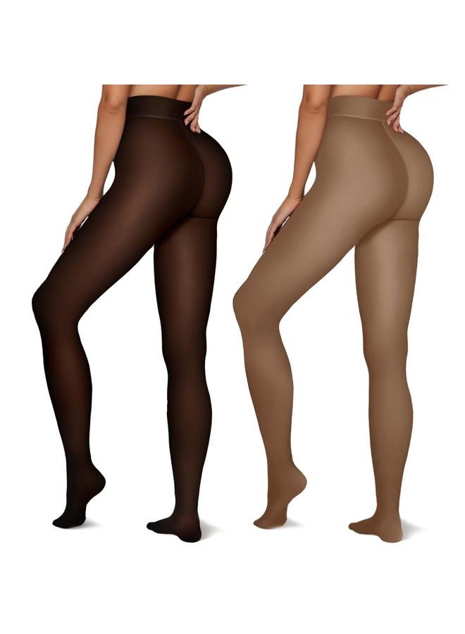 Vertvie Fleece Lined Leggings Women Translucent Black Sheer Fleece Tights Skin Color Single Seam Warm Pantyhose Coffee 2 Pack High Waisted Opaque Tights Thermal Thick Winter Tights for Under Dress - Image 1