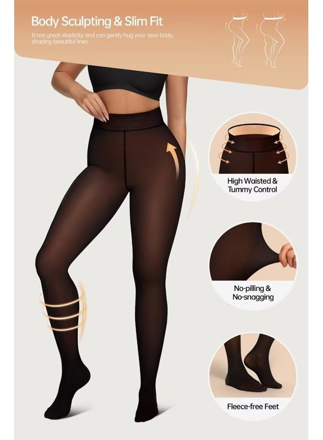 Vertvie Fleece Lined Leggings Women Translucent Black Sheer Fleece Tights Skin Color Single Seam Warm Pantyhose Coffee 2 Pack High Waisted Opaque Tights Thermal Thick Winter Tights for Under Dress - Image 4