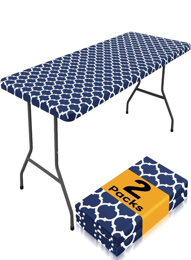 Smiry Rectangle Picnic Table Cloth 2 Pack, 6FT Waterproof Elastic Fitted Tablecloths, Washable Polyester Table Cover for Camping, Indoor and Outdoor (Navy Morocco, 30"x72") - Image 1