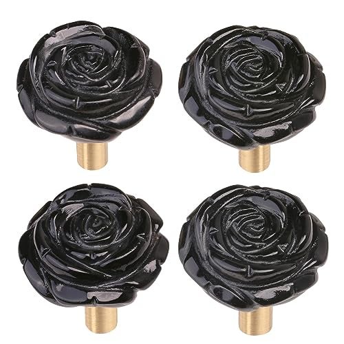 mookaitedecor Set of 4 Natural Black Obsidian Crystal Cabinet Knobs with Screws Decorative Floral Stone Drawer Pulls for Dresser Door Kitchen - Image 1
