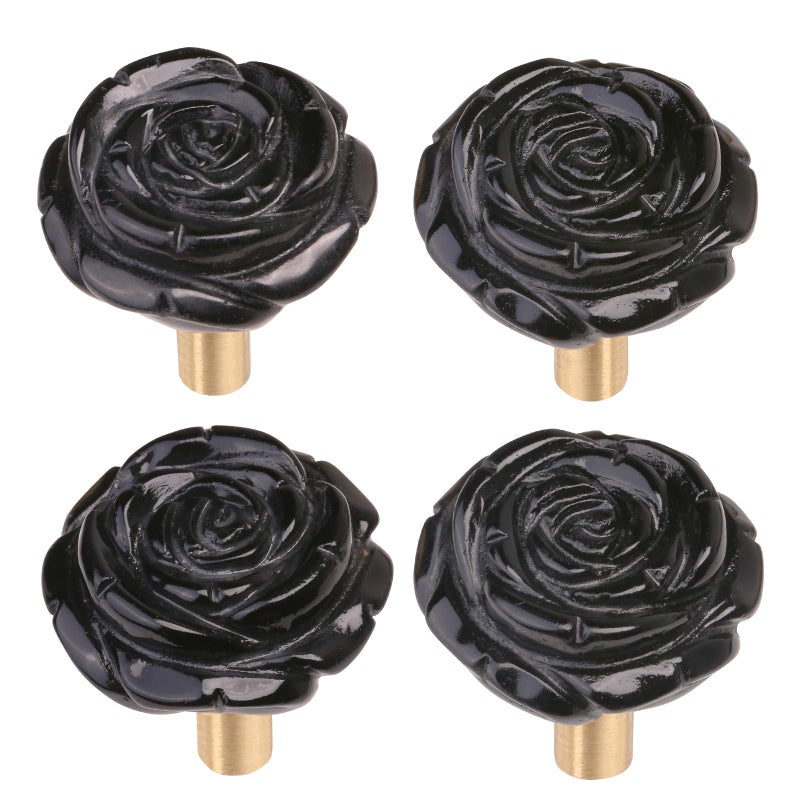 mookaitedecor Set of 4 Natural Black Obsidian Crystal Cabinet Knobs with Screws Decorative Floral Stone Drawer Pulls for Dresser Door Kitchen - Image 2