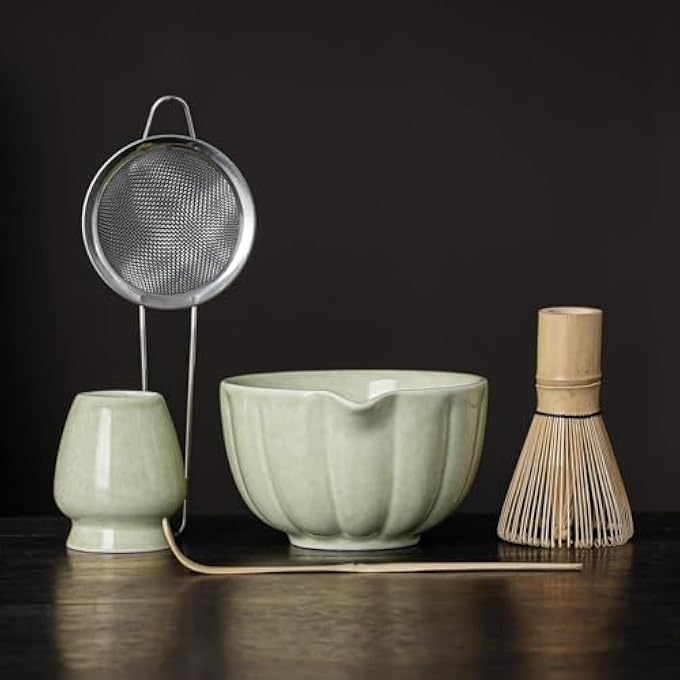 HiBREW Japanese Matcha Tea Set5 Pcs Matcha Whisk Set Matcha Bowl With Spout Matcha Whisk With Matcha Scoop Sifter Chasen Holder  Mottled Green Perfect Matcha Making Kit For Matcha Lover - Image 2