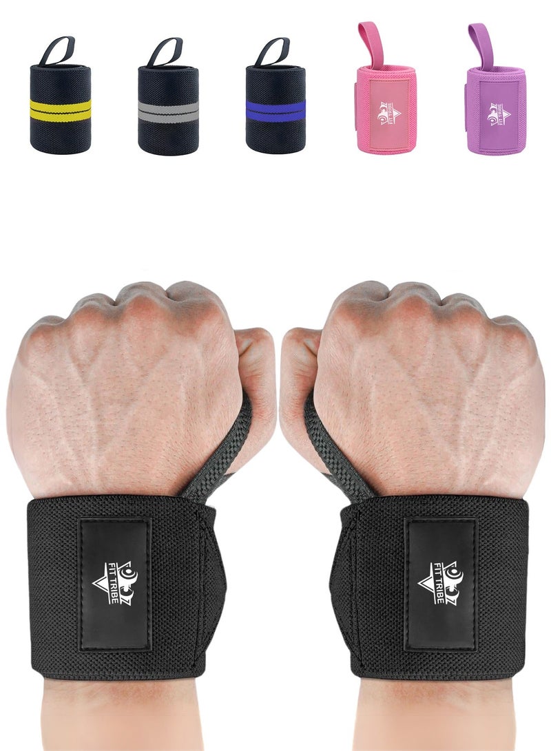 FIT TRIBE أحزمة رفع الأثقال + مجموعة لفات المعصم للرجال والنساء – ملحقات صالة رياضية متميزة لرفع الأثقال، كمال الأجسام وتدريب القوة، دعم قابل للتعديل للقبضة والمعصم مع حلقات الإبهام (أسود) - Image 3