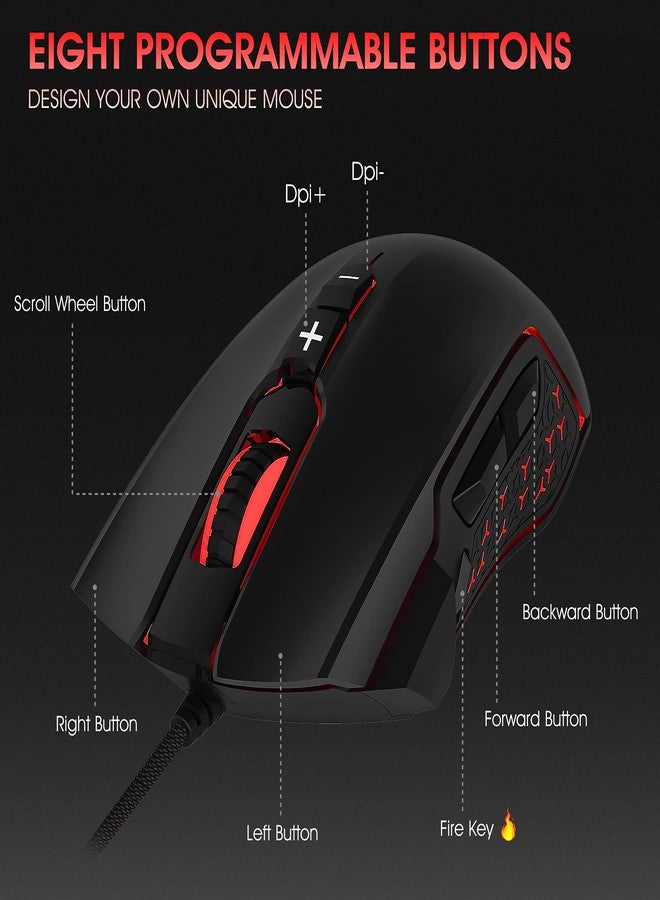 LeadsaiL ماوس ألعاب LeadsaiL سلكي RGB لأجهزة الكمبيوتر، 7200 DPI، 8 أزرار قابلة للبرمجة، إضاءة خلفية 6 ألوان، ماوس كمبيوتر بصري مريح لأجهزة الكمبيوتر المكتبية واللابتوب للاعبين والعمل - Image 3