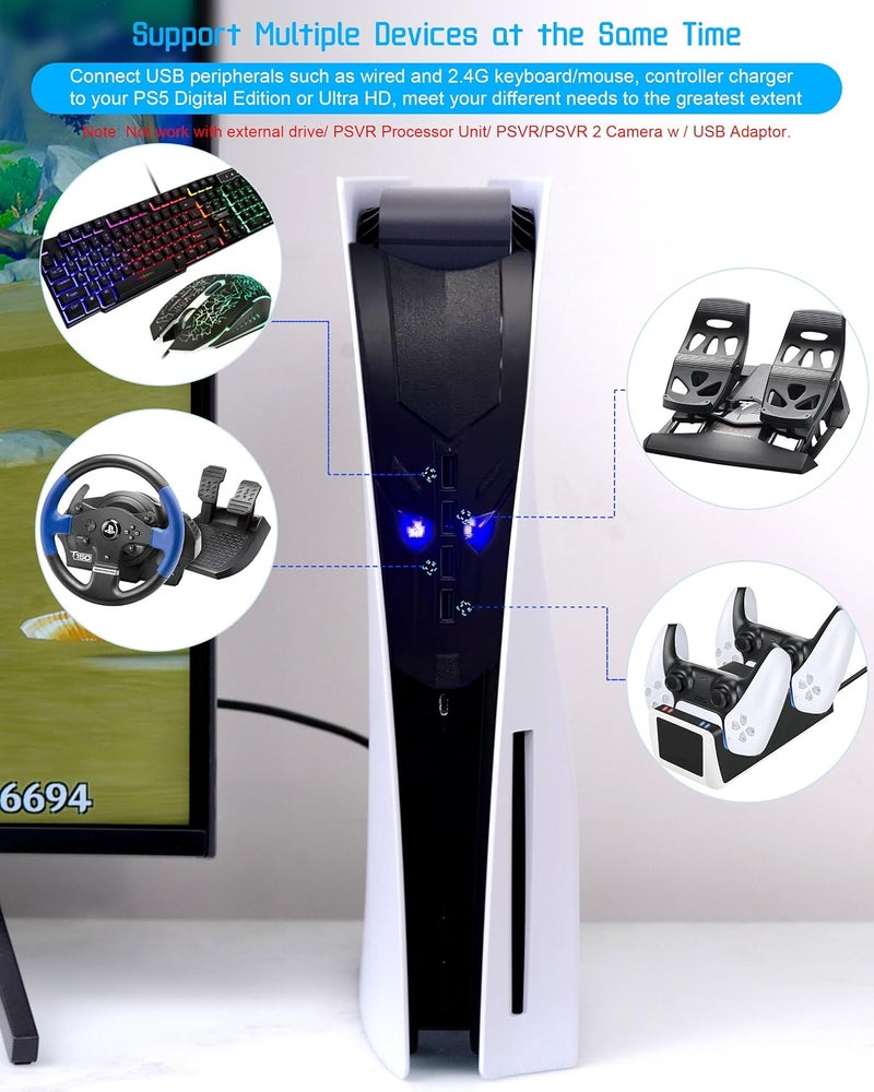 جوسو محول USB لجهاز PS5 من مع عيون متوهجة، محول شحن وتوسيع عالي السرعة مع 4 منافذ USB + كابل محول USB، متوافق مع منصات متعددة مثل PS4 وMac OS والكمبيوتر الشخصي والكمبيوتر المحمول، التشغيل الفوري - Image 4