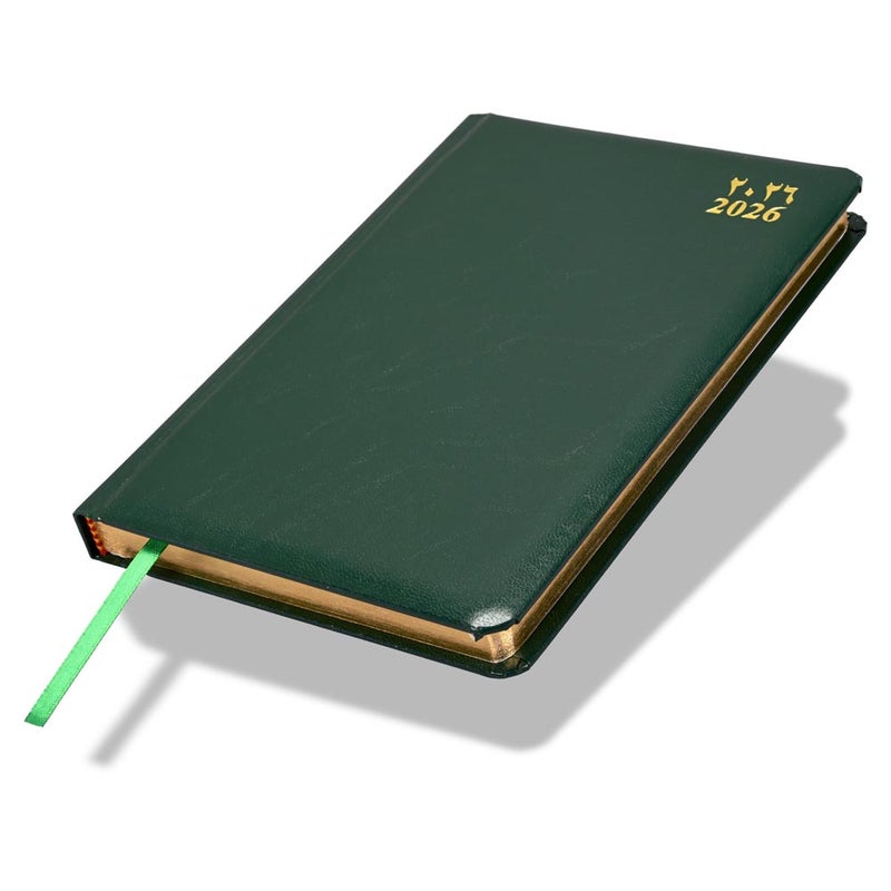 FIS مفكرة FIS 2026 الذهبية A5، 148x210 مم، غلاف فينيل مبطن من جهة واحدة، زوايا مدورة، حواف مطلية بالذهب، تنسيق يوم في صفحة، عربي/إنجليزي، ورق أبيض 60 جرام، ج - Image 1