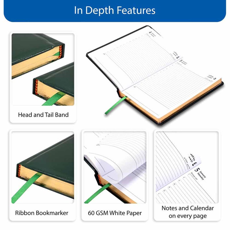FIS مفكرة FIS 2026 الذهبية A5، 148x210 مم، غلاف فينيل مبطن من جهة واحدة، زوايا مدورة، حواف مطلية بالذهب، تنسيق يوم في صفحة، عربي/إنجليزي، ورق أبيض 60 جرام، ج - Image 5