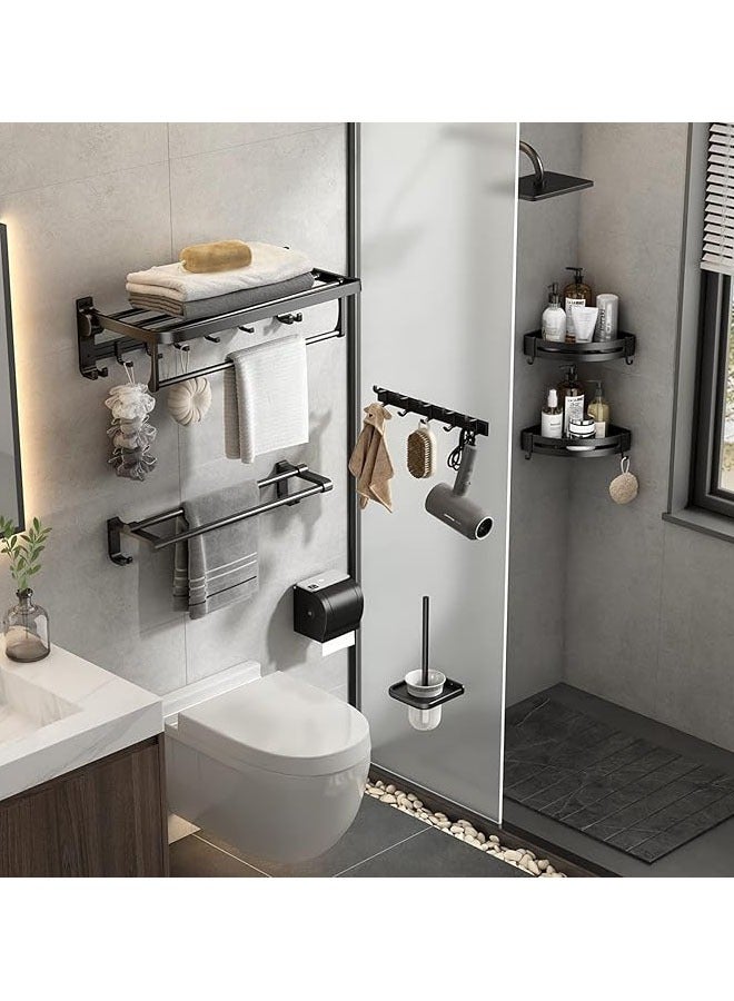 Arabest 24-Inch Foldable Towel Rack with Towel Bar and Movable Hooks - Rustproof Wall-Mounted Bathroom Storage Shelf, Matte Black  - Image 2