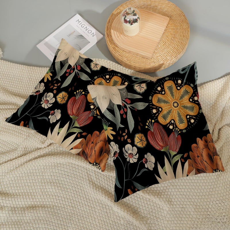 JEFERSO Spring Pillow Covers 18x18 Set of 2, Vintage Boho Floral Throw Pillows Summer Tropical Leaves Sunflower Pillowcase Sunshineyan Bohemian Outdoor Decorative Black Cushion Case for Home Decor - Image 4