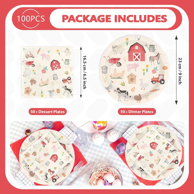 Greencian 100 Pcs Farm Chicken Party Supplies Silly Goose Chicken Flower Horse Cow Plates and Napkins Disposable Farm Animals Tableware Set for Farmer Kids Tea Party Baby Shower Party Decorations Serves 50 - Image 3