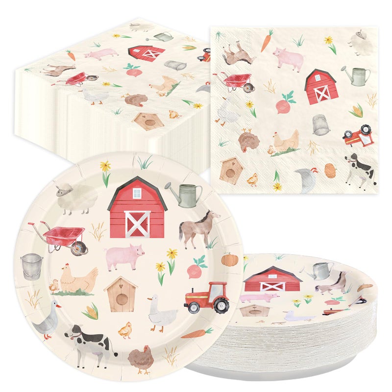 Greencian 100 Pcs Farm Chicken Party Supplies Silly Goose Chicken Flower Horse Cow Plates and Napkins Disposable Farm Animals Tableware Set for Farmer Kids Tea Party Baby Shower Party Decorations Serves 50 - Image 1
