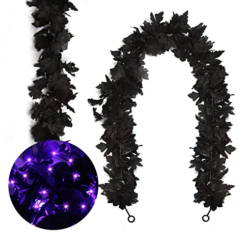 FOIMAS Halloween Maple Garland2pcs Black Maple Leaves Garland with Lights for Halloween Mantle Fireplace Tree Decoration