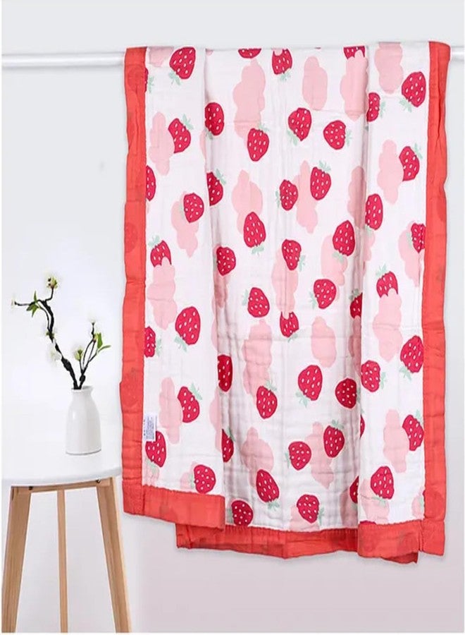 فوي دروب بطانية موسلين للأطفال من VOIDROP مكونة من 6 طبقات - 110 × 110 سم، قطن عضوي بطبعة ديناصور، ناعمة وجيدة التهوية للأطفال حديثي الولادة والأطفال الصغار - حافة خضراء، لفافة خفيفة الوزن متعددة الألوان (طبعة فراولة) - Image 4