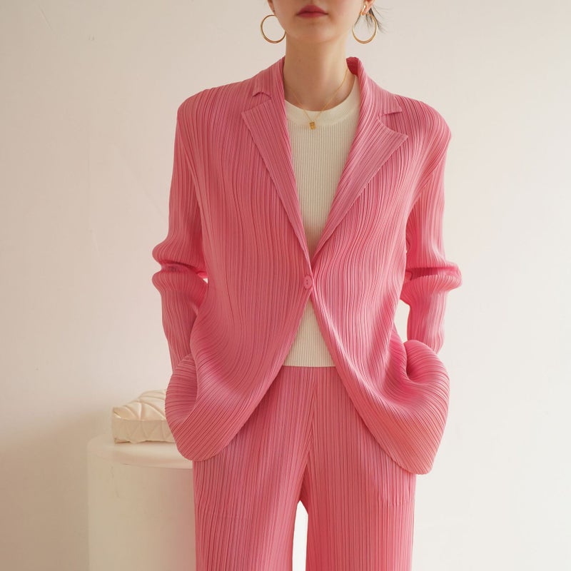2023 Chic Pleated Blazer and Trousers Set Dark Pink Coat
