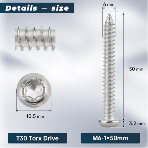 Glvaner 20-Pack M6 x 50mm Button Torx Head Self Tapping Screws for Wood, 304 Stainless Steel 18-8, Full Thread, Torx Drive Head Sheet Metal Tek Screws, T30 Bit Included - Image 2