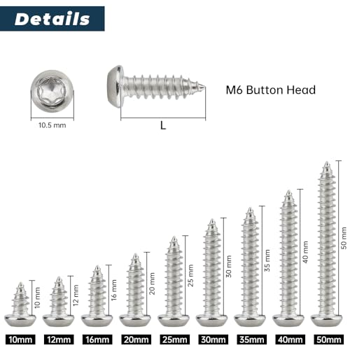 Glvaner 20-Pack M6 x 50mm Button Torx Head Self Tapping Screws for Wood, 304 Stainless Steel 18-8, Full Thread, Torx Drive Head Sheet Metal Tek Screws, T30 Bit Included - Image 3