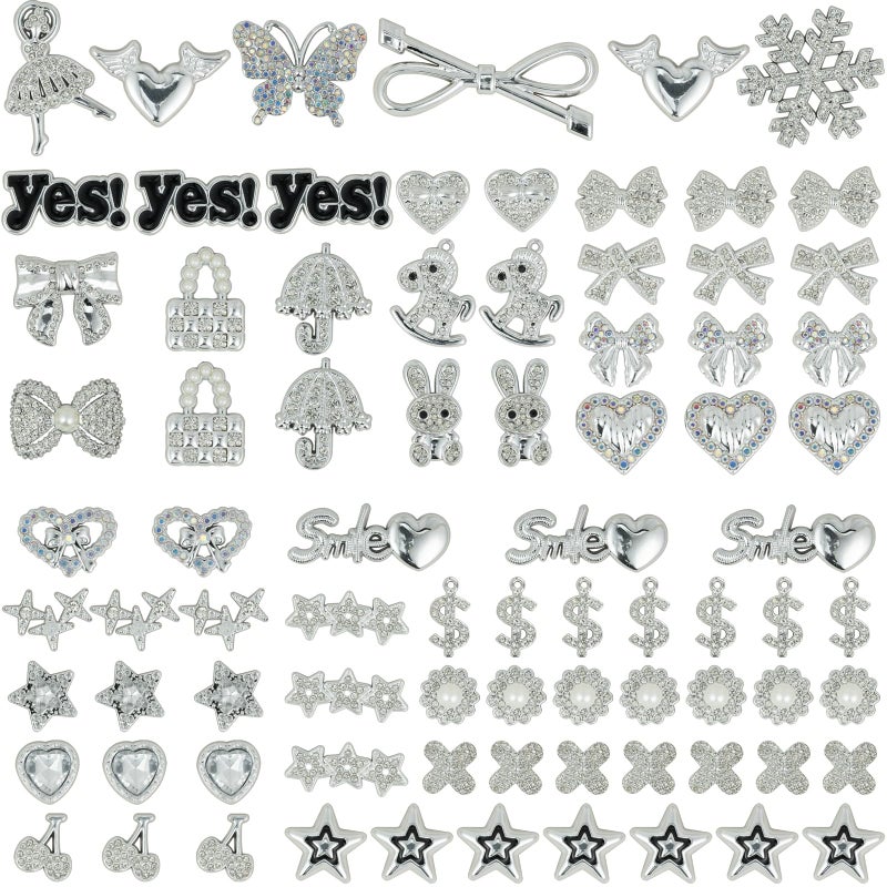 DoDoBeads 80 Pcs Big Junk Charms Bulk, Bling Flat Back Charms for Junk Socks, Silver Rhinestone Charm for Socks, Hearts, Bows, Stars, Bunnies, and More Cute DIY Decorations - Image 1